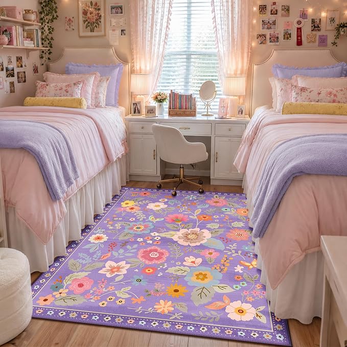 RELEANY Floral Washable 3x5 Area Rugs Purple/Pink | Flower Carpet Print Boho by RELEANY