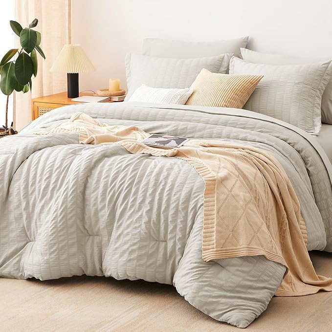 CozyLux King Size Comforter Set Beige Seersucker 7 Pieces Bed in a Bag King Comforter Set with Sheets, Luxury Soft Bedding Set with Down Alternative Comforter, Sheets, Pillowcases & Shams All Seasons