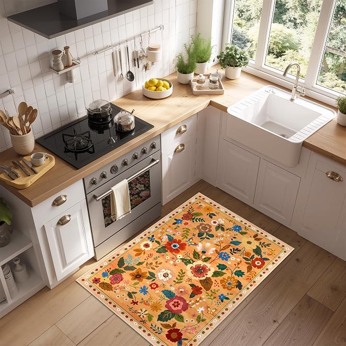 RELEANY Floral Washable 2x3 Area Rugs Doormat Yellow/Orange/Red | Flower Carpet - Image 6
