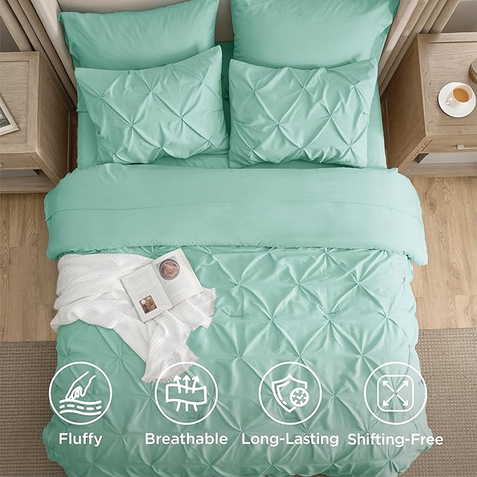 Bedsure California King Comforter Set - Bed in a Bag Cal King Bedding Set 7 PCS, GentleSoft™ Pintuck Bed Set Gift for Family, Pinch Pleat Mint Green Comforter with Sheets, Pillowcases & Shams