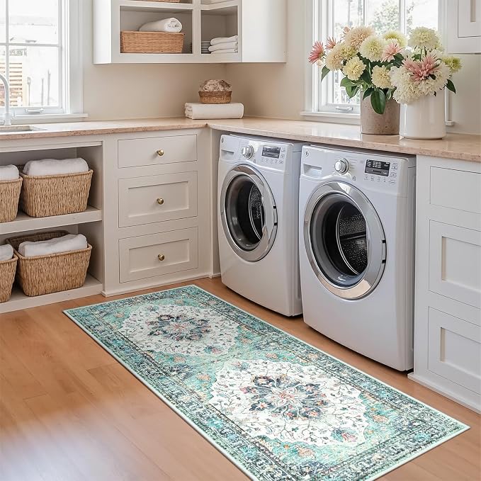 RELEANY Washable Area Rug, Runner 2'x5', Teal Green/White/Navy | Non-Slip - Image 3