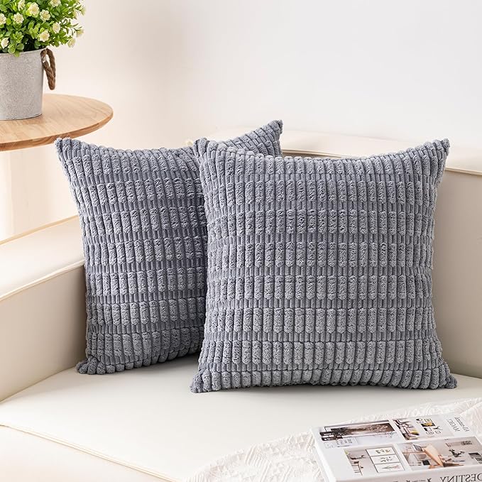 Pack of 2 Corduroy Decorative Throw Pillow Covers 20x20 Inch, Light Grey | Fall by Unknown