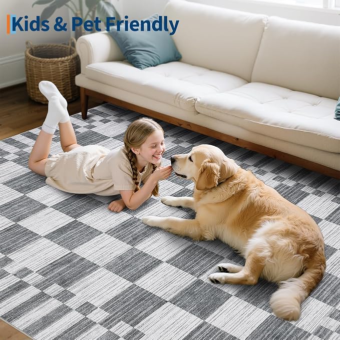 GarveeHome 8x10 Area Rugs Geometric Washable Modern Grey Checkered Rug | - Image 9