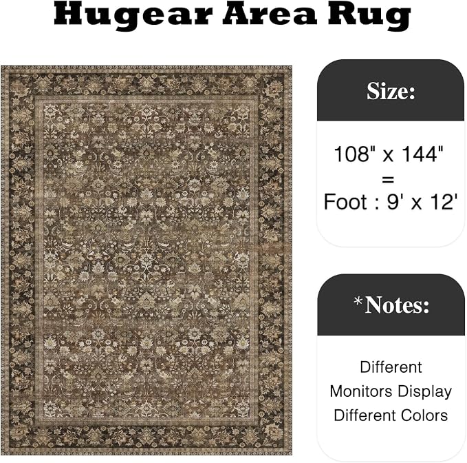 9x12 Brown Vintage Floral Washable Area Rug - Image 2
