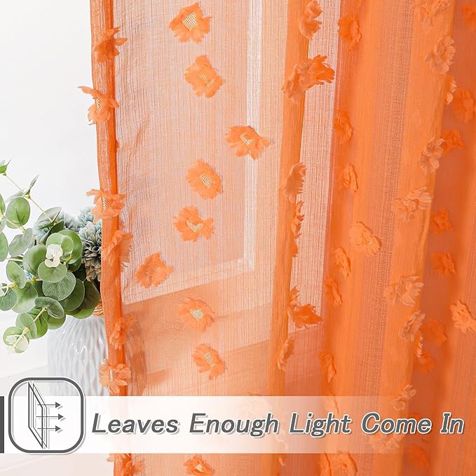 MYSKY HOME Pom Pom Orange Sheer Curtains for Bedroom Girls Room Curtains for Nursery Kids Light Filtering Boho Window Drapes, Rod Pocket, 52 x 95 Inches, 2 Panels