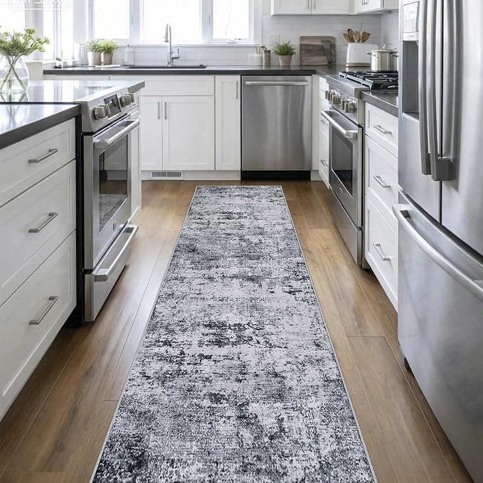 2.6x14 Washable Runner Rug:Modern Abstract Indoor Soft Carpet Grey | by FXRHLP