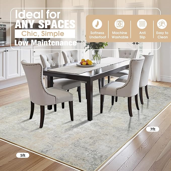 5x7 Area Rugs for Living Room Washable Bedroom Dining Room Beige Grey | Modern - Image 2