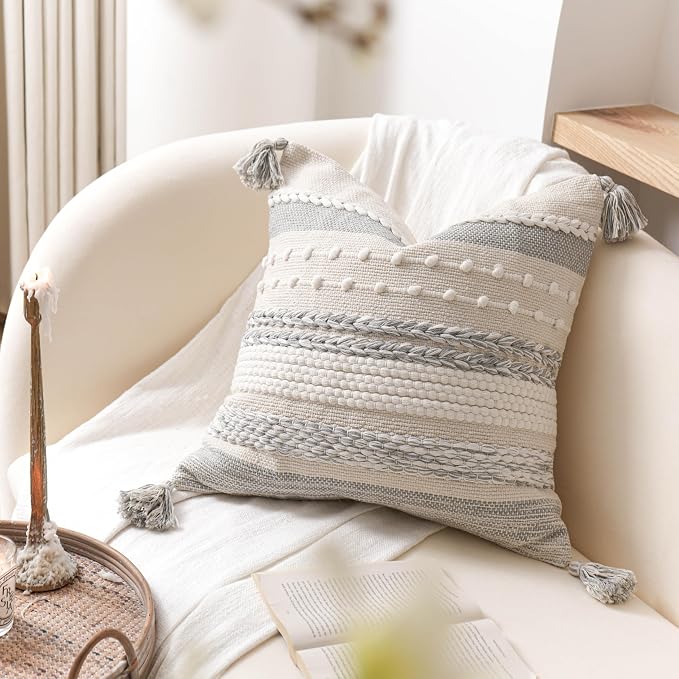 Gray Boho Decorative Throw Pillow Cover 22x22 Square Farmhouse Accent Cushion - Image 8