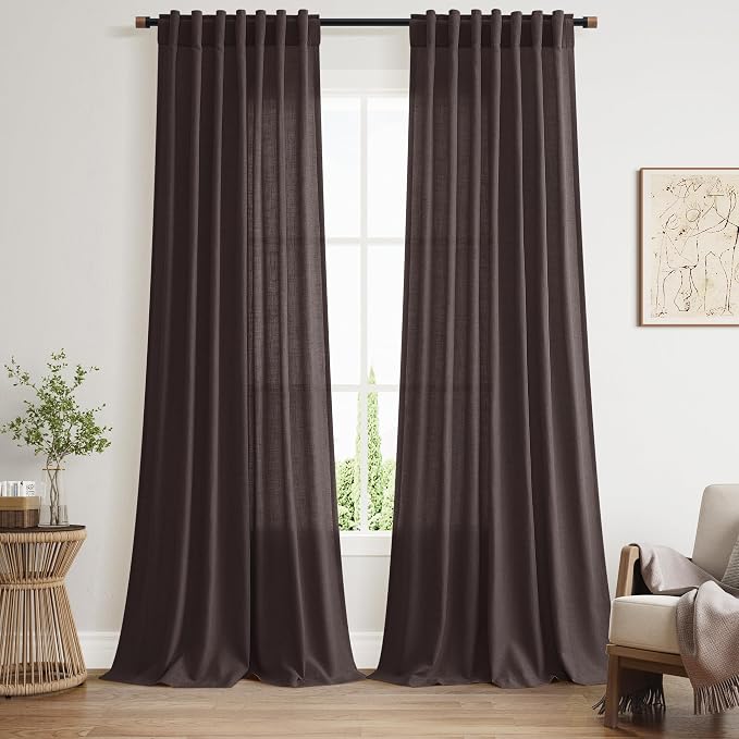 Cocoa Coffee Linen Blend Light Filtering Back Tab Curtains 108 Inches Long by Nanspring