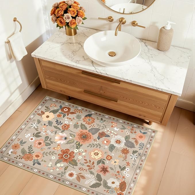 RELEANY Floral Washable 2x3 Area Rugs Doormat Brown/Brick | Flower Carpet Print - Image 3
