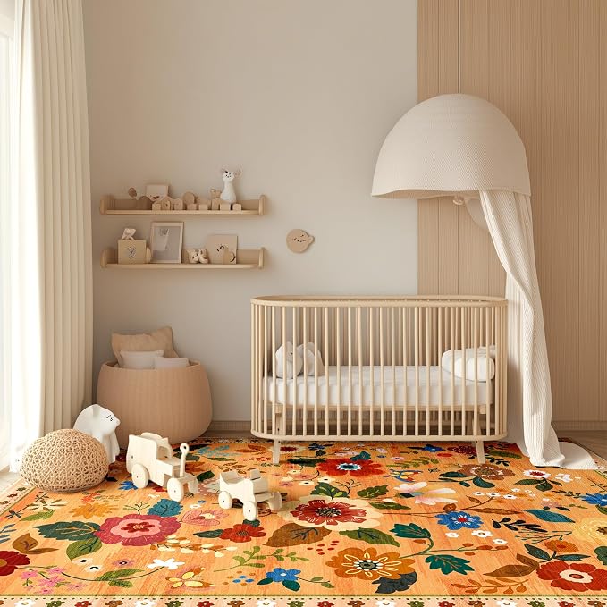 RELEANY Floral Washable 3x5 Area Rugs Yellow/Orange/Red | Flower Carpet Print - Image 8