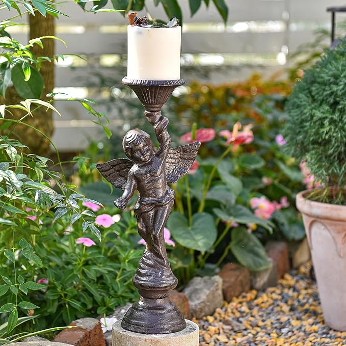Sungmor Set of 2 Cast Iron Angel Candle Holders, 13.7" Tall Heavy-duty Solid Cherub Candlestick Holders, Vintage EU Style Statue Pillar Column Candle Stands for Wall Shelf Table Center Fireplace Decor