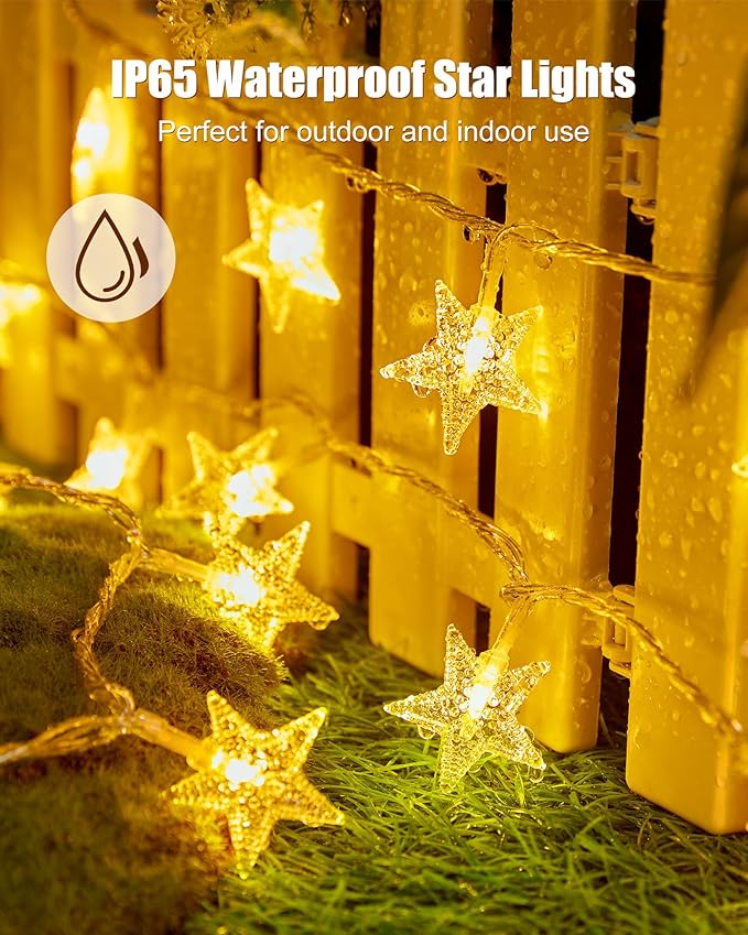 Minetom Star String Lights Battery Operated - 17 ft 50 LED Star Fairy String Lights with Timer, Waterproof for Indoor Bedroom Tent Loft Bed Patio Party Wedding Decor, Warm White