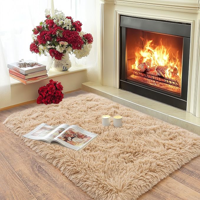 Pionblank Fluffy Small Rug for Bedroom 2x3 Feet, Shag Soft Area Rug, Camel | - Image 3