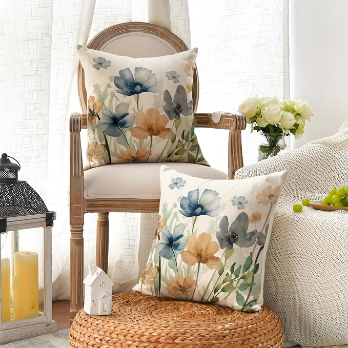 AVOIN colorlife Poppy Chinoiserie Flowers Pillow Covers 18x18 Inch Set of 2 | - Image 2