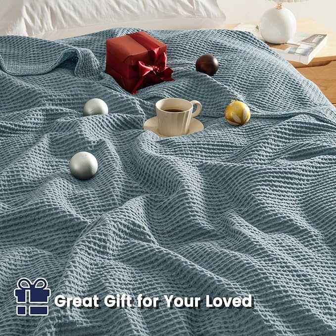 PHF 100% Cotton Waffle Weave Throw Blanket，Pre-Washed Snag Proof Lightweight Breathable Moisture-Wicking for Layering in Cold Weather for Couch Bed,Machine Washable,Home Decor Gift-Ocean
