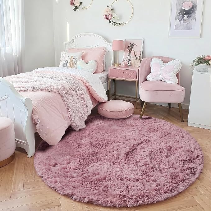 Amdrebio Mauve Pink Round Fluffy Rug 4Ft - Image 8