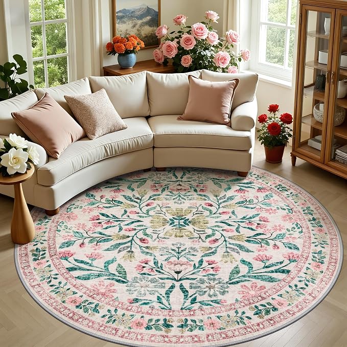 PLHXFR Round Area Rug Living Room: 8 ft Floral Washable Carpet Pink Green | by PLHXFRSoftAreaRugs