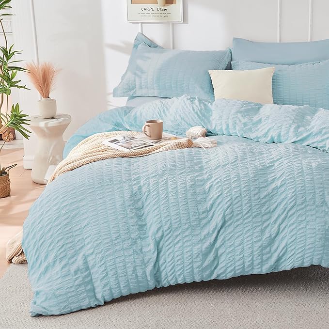 HYMOKEGE Lake Blue California King Comforter Set Seersucker 7 Pieces, All Season Luxury Bed in a Bag for Bedroom, Bedding Set with Comforters, Sheets, Pillowcases & Shams