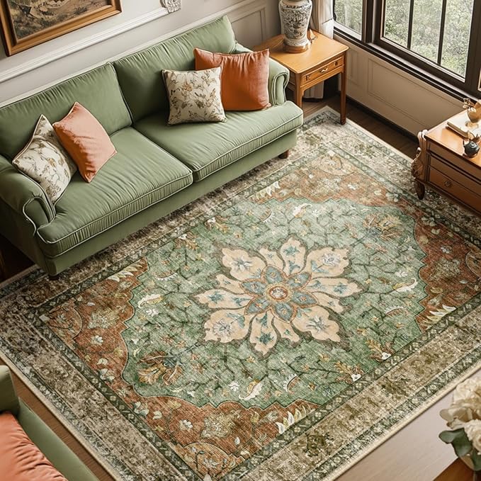 RELEANY Washable Area Rug, Brick/Brown/Green | Non-Slip, Water Repellent by RELEANY