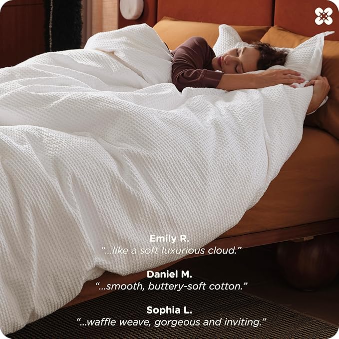 Bedsure Cotton Duvet Cover Set - 100% Cotton Waffle Weave Coconut White Duvet Cover Oversized Queen Size, GentleSoft™ and Breathable Bedding Set for All Season, 3 Pieces, 98"x98"