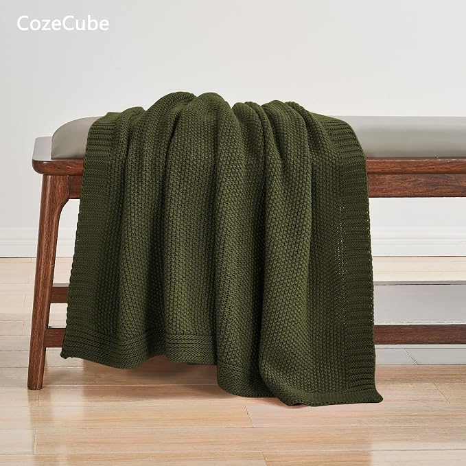 CozeCube Olive Green Seed Stitch Throw Blanket 50"x60", Farmhouse Decor | - Image 4
