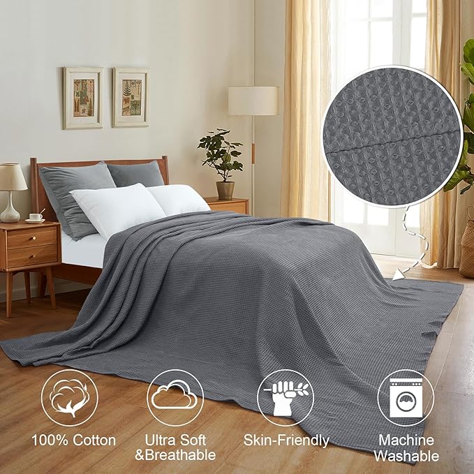 PHF Pre-Washed Cotton Waffle Weave Family Blanket,Oversized King Size 120"x 120"-Snag Proof Lightweight Breathable, 10'x 10' Huge Extra Large Big-Elegant Aesthetic Home Decoration Gift,Charcoal