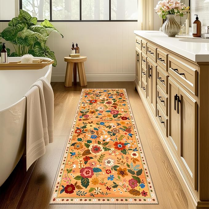 Floral Washable 2x6 Area Rugs Runner Entryway Hallway Yellow/Orange/Red | - Image 8
