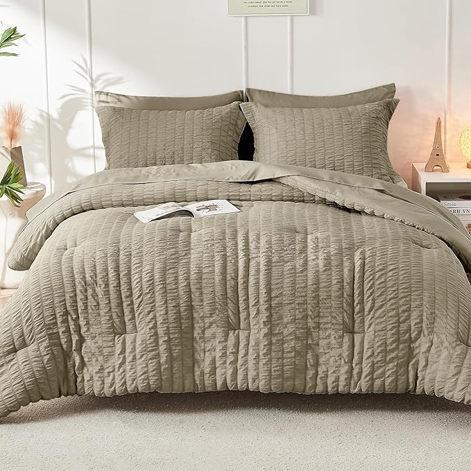 HYMOKEGE Linen Queen Comforter Set Seersucker 7 Pieces, All Season Luxury Bed in a Bag Queen for Bedroom, Bedding Set with Comforter, Sheets, Pillowcases & Shams