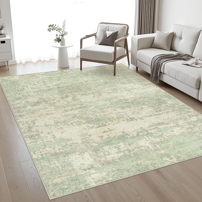 Area Rug Living Room: 4x6 Modern Washable Soft Carpet Green Cream | by FXRHLP
