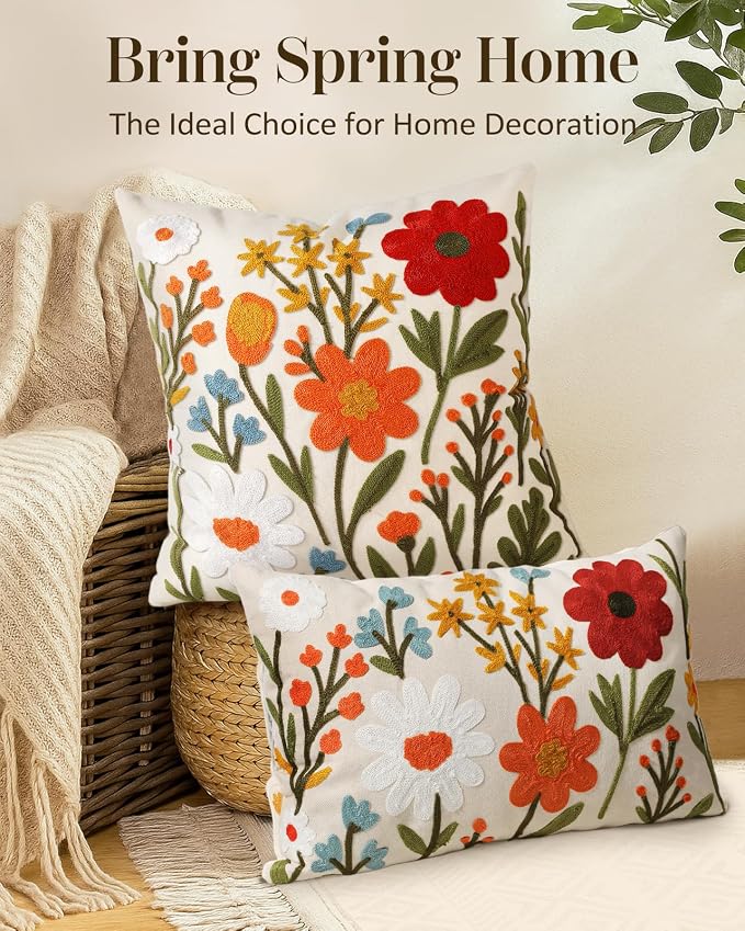 Embroidered Throw Pillow Cover 20x20 Inch, Flower Cluster | Decorative Pillow - Image 5
