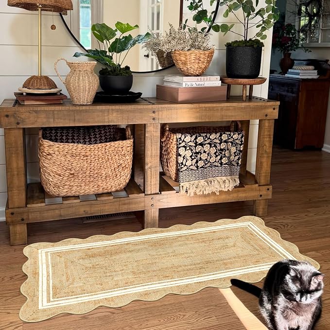 Front Door Mat - 2x4.3 Neutral Farmhouse Scalloped Small Runner Rug | Washable - Image 8