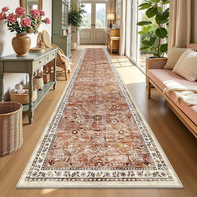 Yamaziot 2x12 Washable Hallway Runner Rug Non Slip Floral Carpet, Brick-red | by Yamaziot