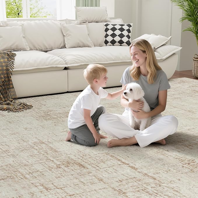 10x12 Area Rug for Living Room Bedroom: Non-Slip Modern Beige White | Machine - Image 6