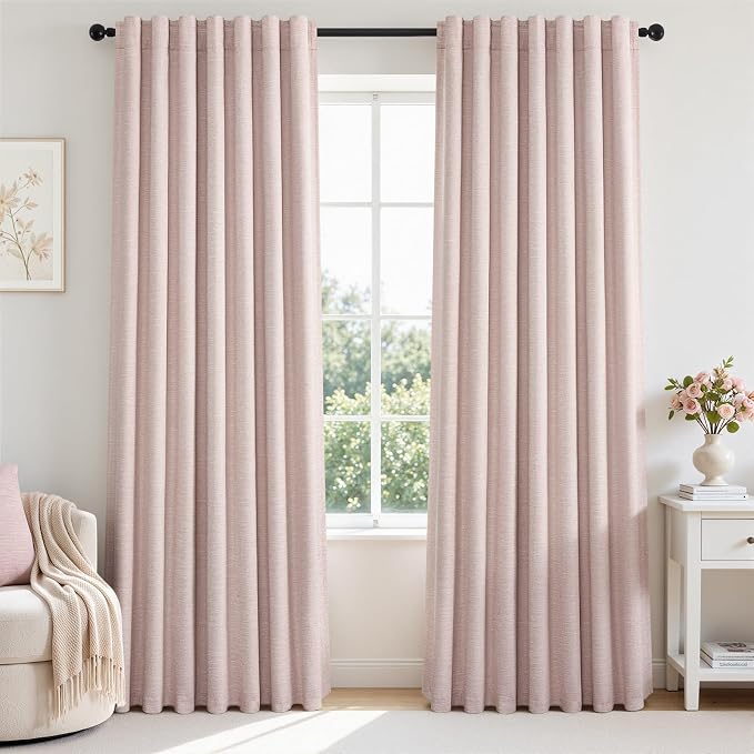 Topfinel Soft Pink 100% Blackout Curtains Linen Blended Room Darkening Curtain by Topfinel