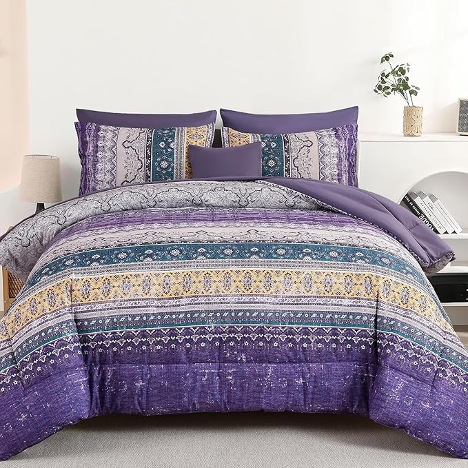 Cottolester Boho Comforter Set California King Size 8 Pieces,Violet Bohemian Striped Bed in a Bag, Paisley Soft Microfiber Bedding Comforter Set