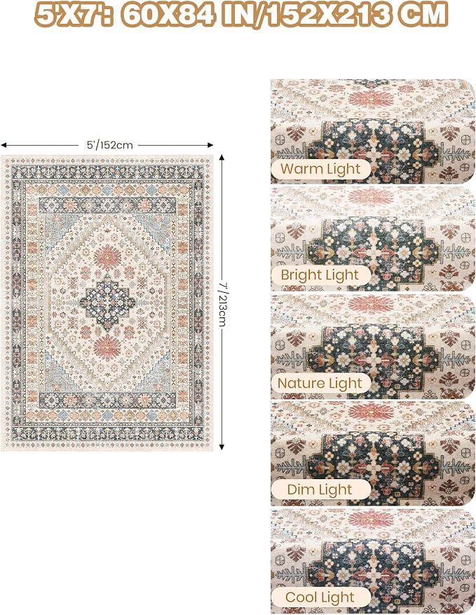 Area Rugs 5x7 Washable Rugs for Living Room, Ultra-Thin Soft Floral Vintage - Image 2