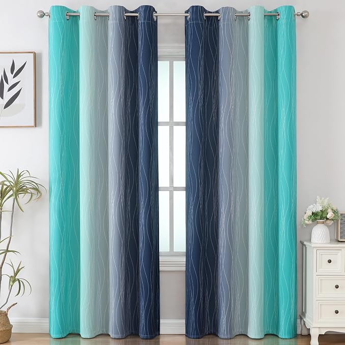 Navy Blue and Teal Gradient Blackout Curtains - Image 2