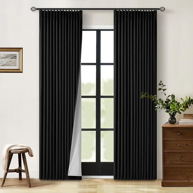 Black Pinch Pleated 100% Blackout Linen Curtains by Twodrapes