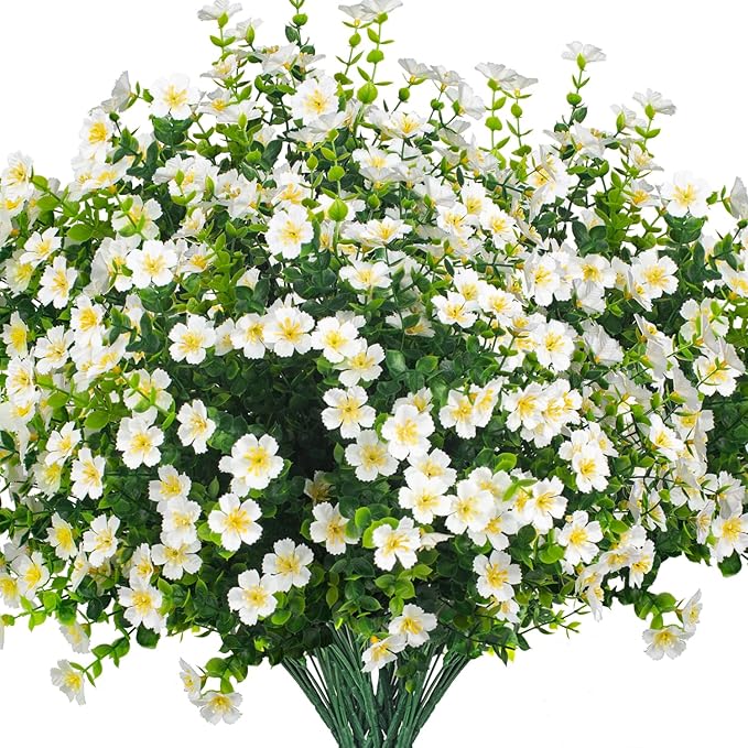 Outdoor Artificial Flowers UV Resistant & Fade Proof, 12 Pack Realistic Fake Flowers for Garden, Patio, Lawn Decor - Weatherproof Plastic Plants (White)