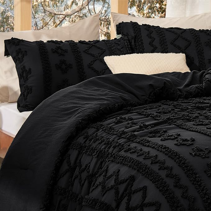 Bedsure Tufted Boho Comforter Set Twin Size - Black Boho Bed Set, GentleSoft™ 2 Pieces Farmhouse Shabby Chic Embroidery Bedding, Gifts for Woman, Soft Jacquard Twin Comforter for All Seasons