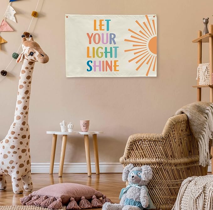 Nursery Rectangular Canvas Banner Flag Wall Sign Decor for Baby Boy Girl Kids-Nursery Baby Room Above Crib Bedroom Playroom Reading Room Decor-Baby Shower Birthday Christmas Gift-Let Your Light Shine