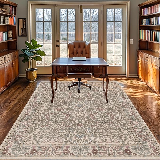 Vintage Moss Living Room Rug, 6x9 Washable Area Rugs - Image 4