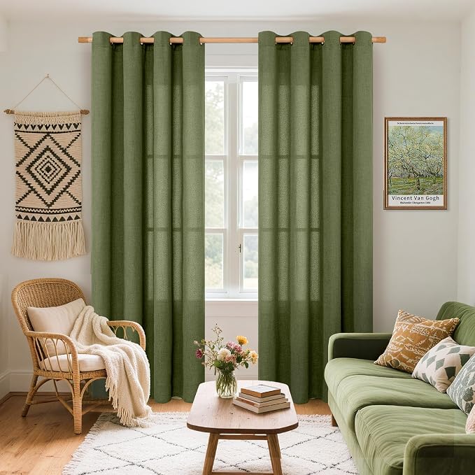 YoungsTex Olive Green Linen Curtains, Semi Sheer Drapes - Image 2