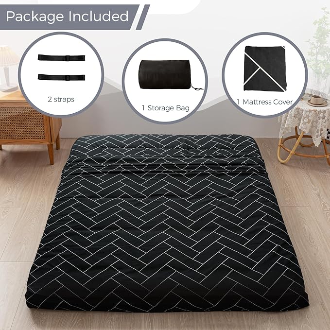 MAXYOYO Black Geometric Pattern Futon Mattress, Japanese Floor Mattress Quilted Bed Mattress Topper, Extra Thick Folding Sleeping Pad Breathable Floor Lounger Guest Bed for Camping Couch, Queen