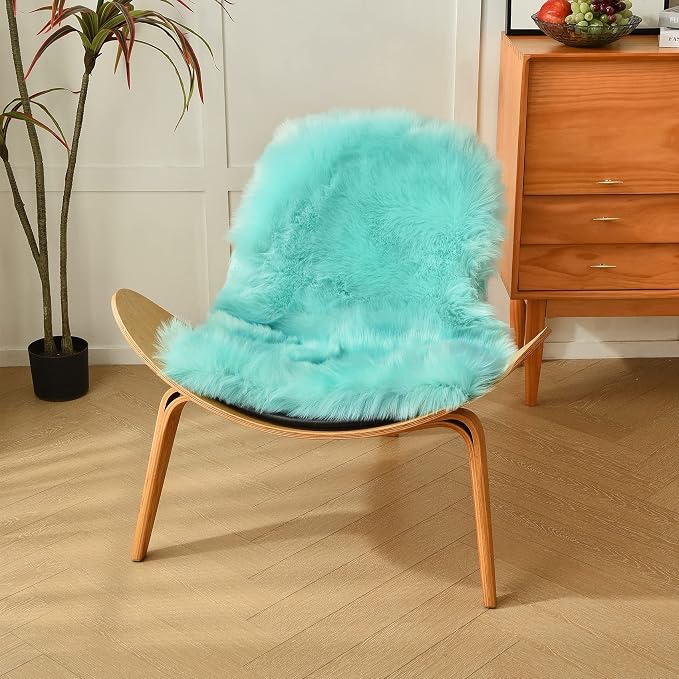 duduta Turquoise Blue Sheepskin Rug 2x3 ft, Small Faux Fur Chair Covers | Shag - Image 3