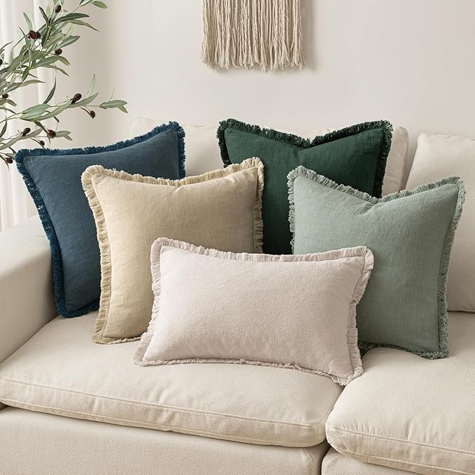 MIULEE Boho Linen Fringe Decorative Lumbar Throw Pillow Covers Beige 12x20 | - Image 5
