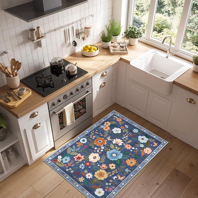 RELEANY Floral Washable 2x3 Area Rugs Doormat Blue/Grey | Flower Carpet Print - Image 3