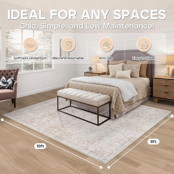 8x10 Area Rugs for Living Room Bedroom Dining Room Washable Beige White | Soft - Image 2