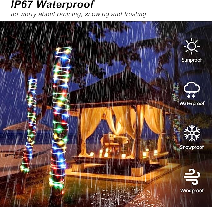 JMEXSUSS 2 Pack Christmas Lights Battery Operated Rope Lights Outdoor Waterproof Total 200LED 8 Modes Battery Powered String Lights with Remote for Car Trampoline Tree Christmas Decor (Multicolor)